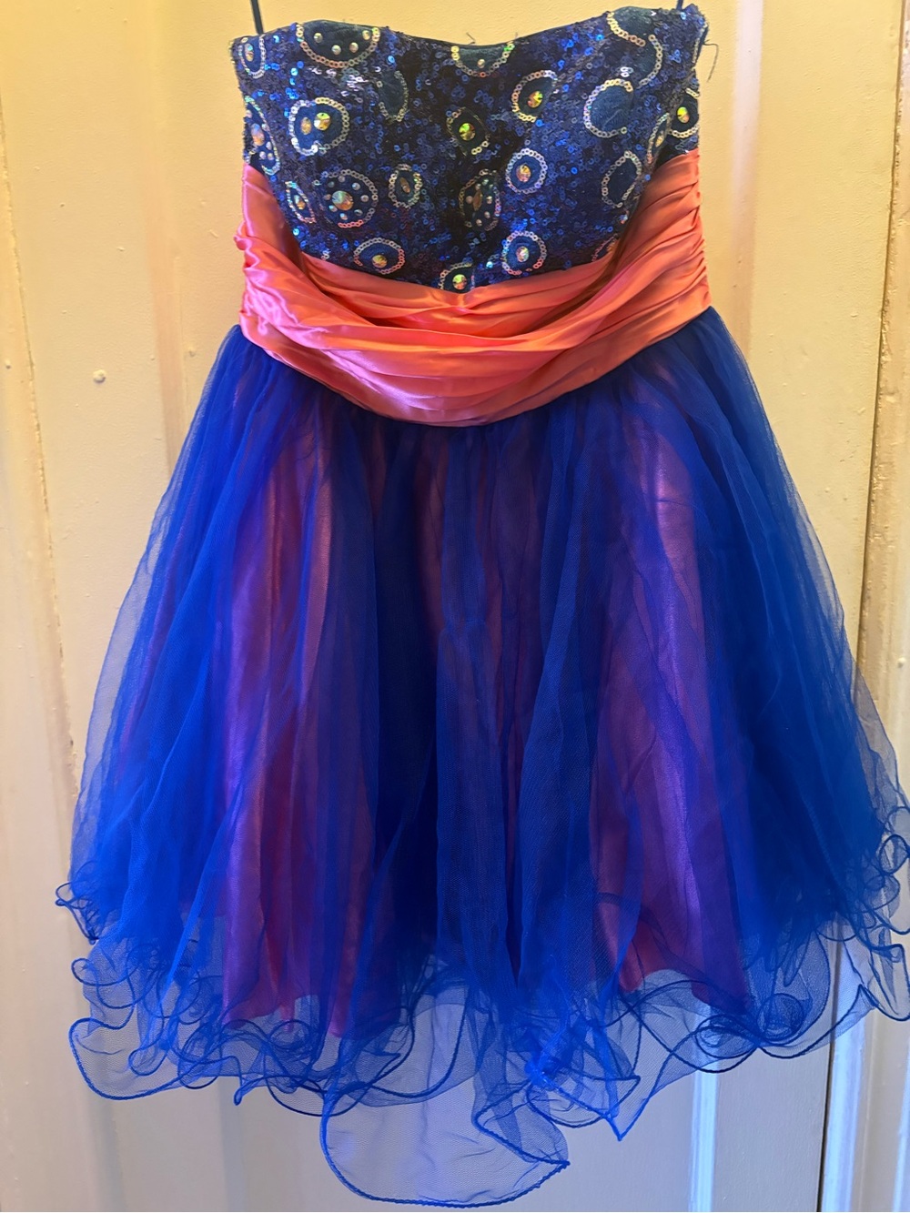 Electric blue and coral sequin party dress xL